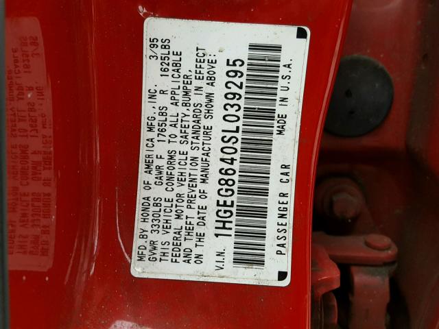 1HGEG8640SL039295 - 1995 HONDA CIVIC DX RED photo 10