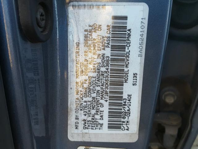 4T1BF30K63U543663 - 2003 TOYOTA CAMRY LE BLUE photo 10