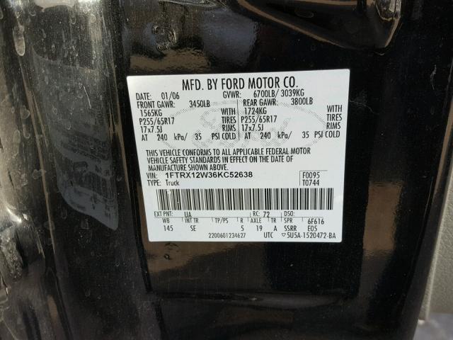 1FTRX12W36KC52638 - 2006 FORD F150 BLACK photo 10