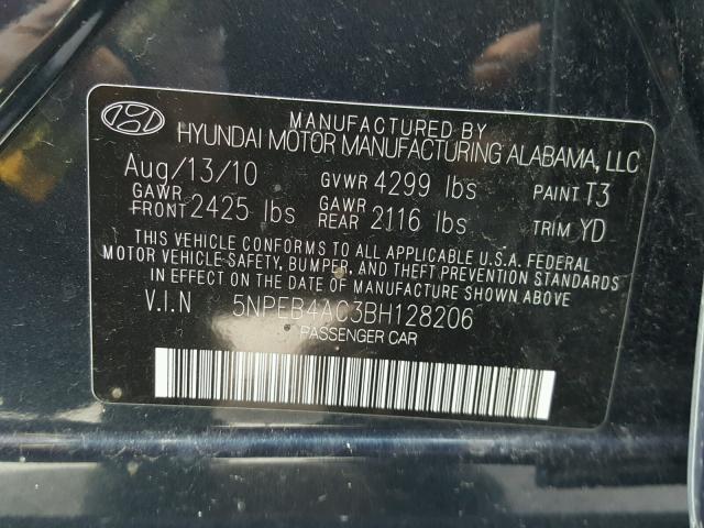 5NPEB4AC3BH128206 - 2011 HYUNDAI SONATA GLS BLACK photo 10