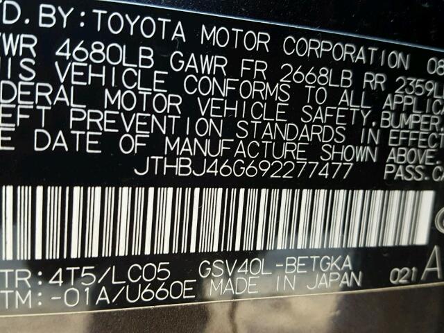 JTHBJ46G692277477 - 2009 LEXUS ES 350 GRAY photo 10