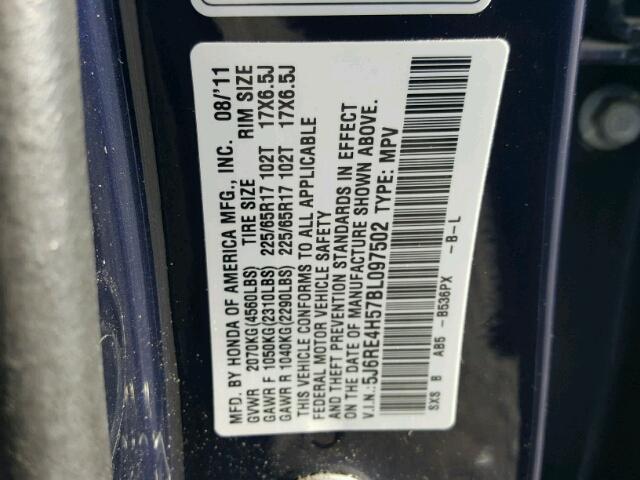 5J6RE4H57BL097502 - 2011 HONDA CR-V EX ლურჯი ფოტო 10