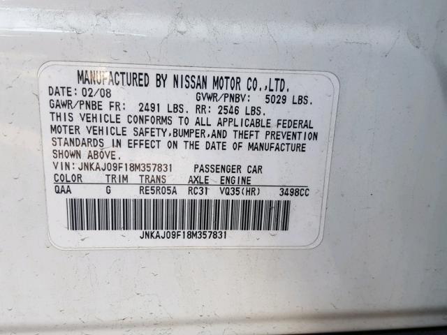 JNKAJ09F18M357831 - 2008 INFINITI EX35 BASE WHITE photo 10