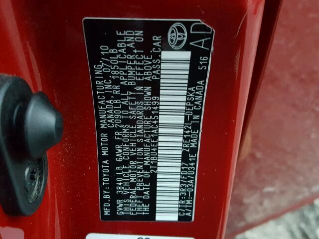 2T1BU4EE1AC451499 - 2010 TOYOTA COROLLA BA RED photo 10