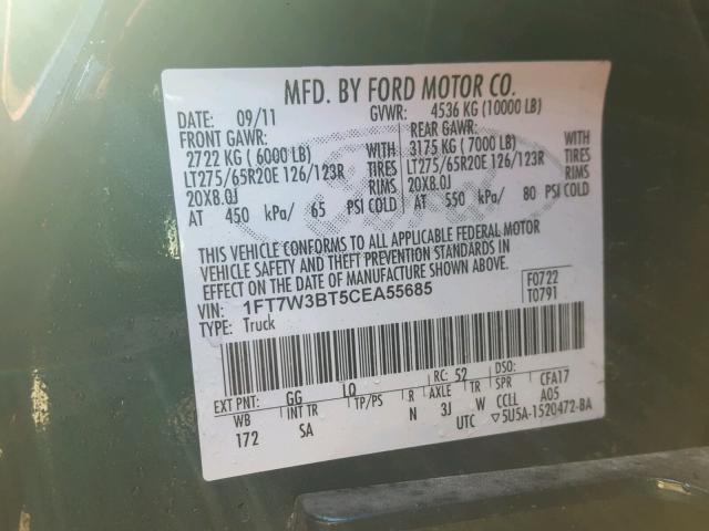 1FT7W3BT5CEA55685 - 2012 FORD F350 SUPER GREEN photo 10