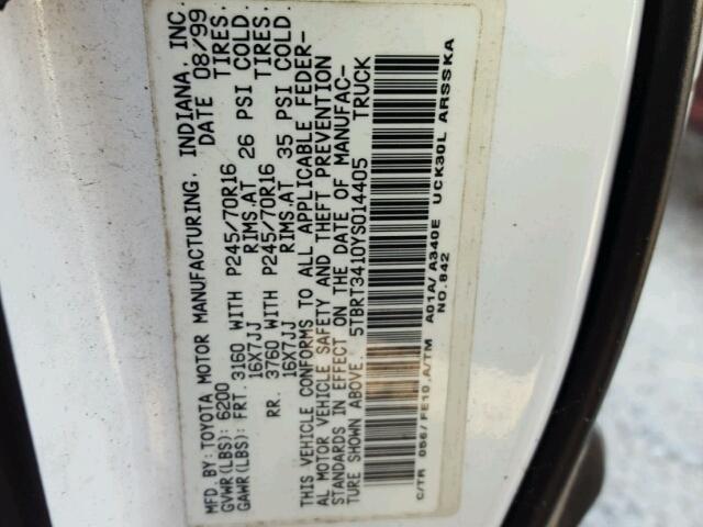 5TBRT3410YS014405 - 2000 TOYOTA TUNDRA ACC WHITE photo 10