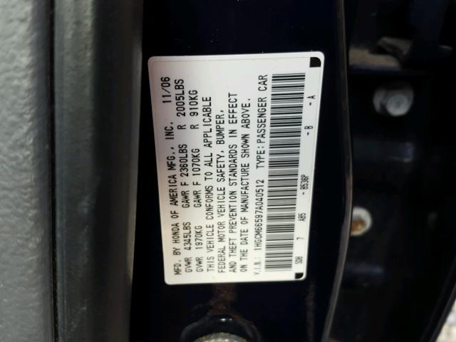 1HGCM66597A040512 - 2007 HONDA ACCORD EX BLUE photo 10