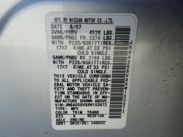 JN8AS58VX8W103872 - 2008 NISSAN ROGUE S SILVER photo 10