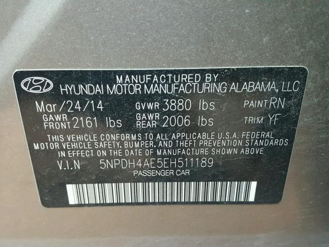 5NPDH4AE5EH511189 - 2014 HYUNDAI ELANTRA SE GOLD photo 10