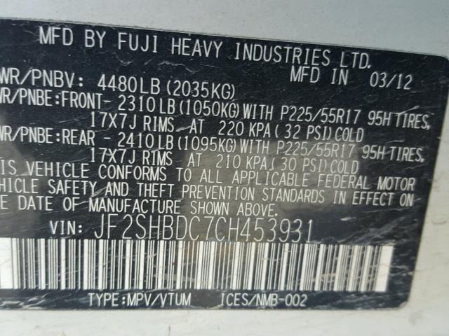 JF2SHBDC7CH453931 - 2012 SUBARU FORESTER 2 WHITE photo 10