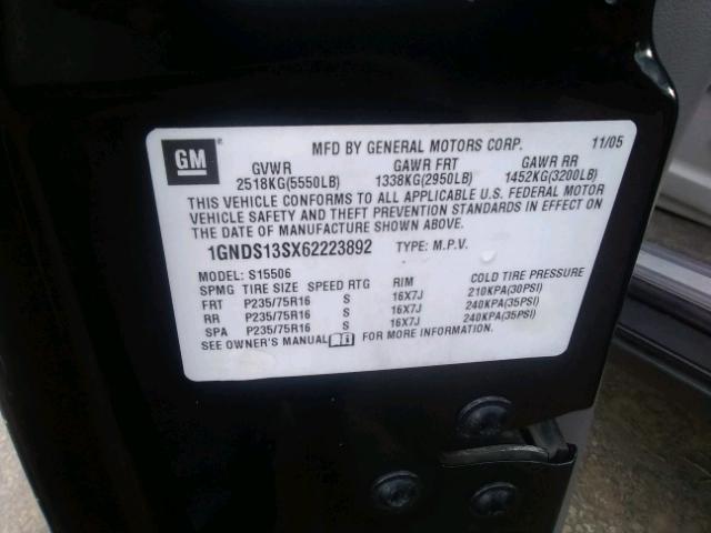 1GNDS13SX62223892 - 2006 CHEVROLET TRAILBLAZE BLACK photo 10