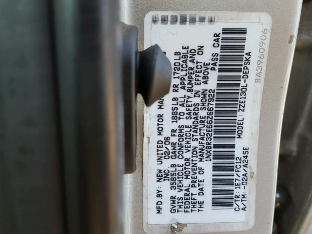 1NXBR32E66Z667922 - 2006 TOYOTA COROLLA CE SILVER photo 10