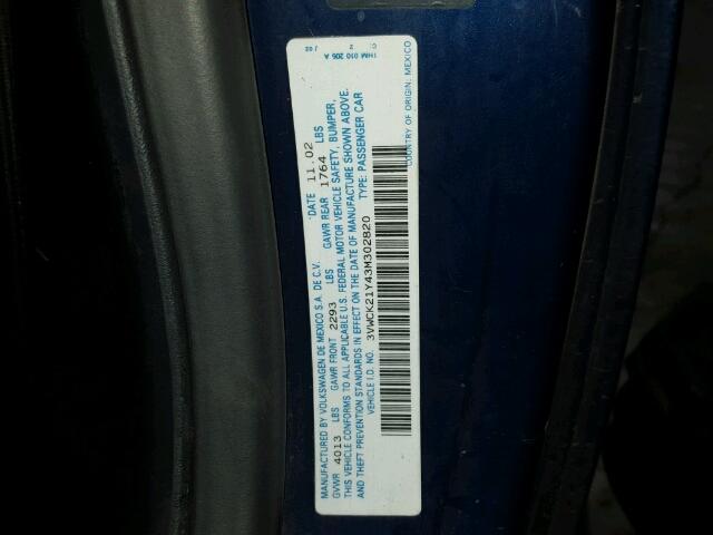 3VWCK21Y43M302820 - 2003 VOLKSWAGEN NEW BEETLE 蓝色 照片 10