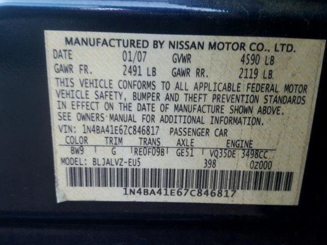 1N4BA41E67C846817 - 2007 NISSAN MAXIMA SE BLUE photo 10