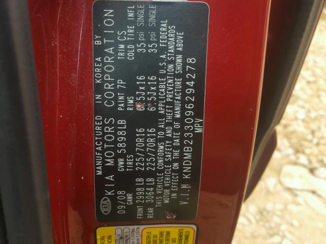 KNDMB233096294278 - 2009 KIA SEDONA EX RED photo 10