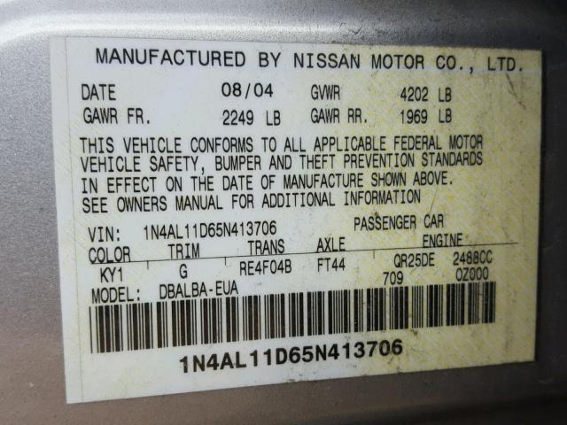 1N4AL11D65N413706 - 2005 NISSAN ALTIMA S SILVER photo 10