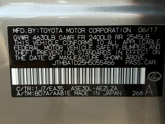 JTHBA1D25H5055466 - 2017 LEXUS IS 200T CHARCOAL photo 10