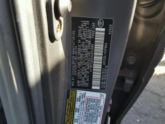 4T1BE32K54U924986 - 2004 TOYOTA CAMRY LE ნაცრისფერი ფოტო 10