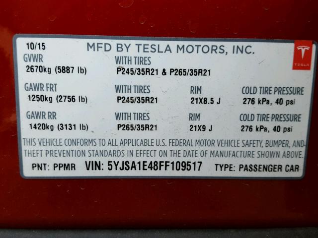 5YJSA1E48FF109517 - 2015 TESLA MODEL S 红色 照片 10