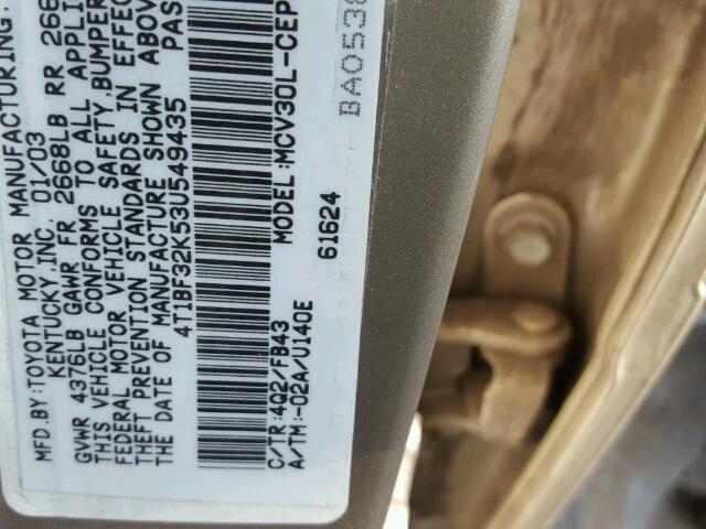4T1BF32K53U549435 - 2003 TOYOTA CAMRY LE TAN photo 10