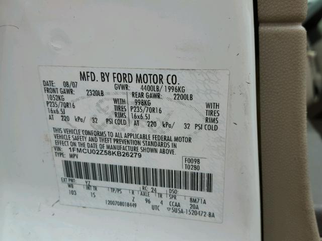 1FMCU02Z58KB26279 - 2008 FORD ESCAPE XLS WHITE photo 10