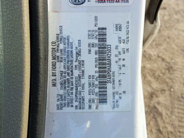 3FAHP0HA8AR425033 - 2010 FORD FUSION SE WHITE photo 10