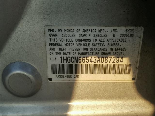 1HGCM66543A087294 - 2003 HONDA ACCORD EX SILVER photo 10