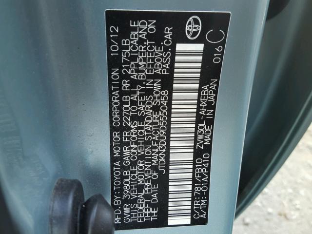 JTDKN3DU9D5550458 - 2013 TOYOTA PRIUS TEAL photo 10