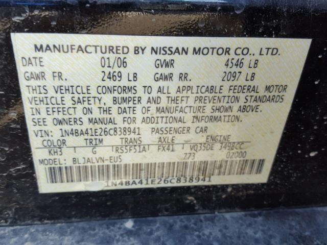 1N4BA41E26C838941 - 2006 NISSAN MAXIMA SE BLACK photo 10