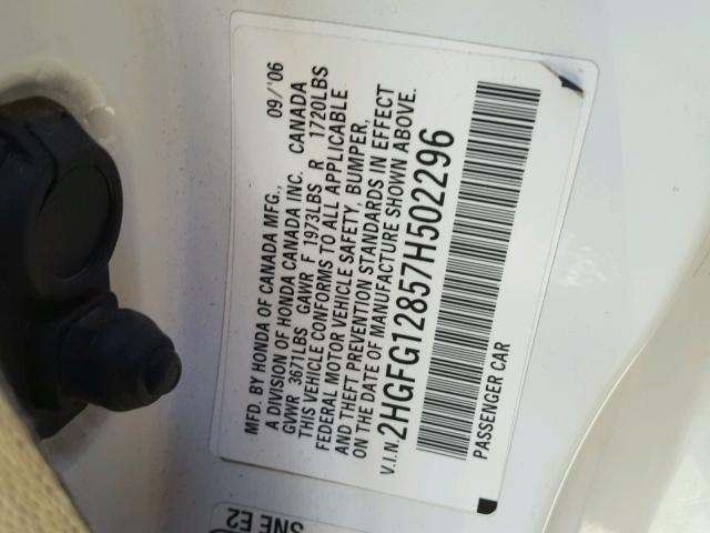 2HGFG12857H502296 - 2007 HONDA CIVIC EX 白色 照片 10