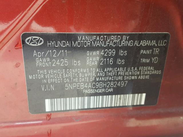 5NPEB4AC9BH282497 - 2011 HYUNDAI SONATA GLS RED photo 10