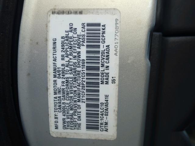 2T1CF28P21C511869 - 2001 TOYOTA CAMRY SOLA SILVER photo 10