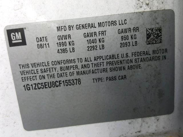 1G1ZC5EU8CF155378 - 2012 CHEVROLET MALIBU 1LT WHITE photo 10