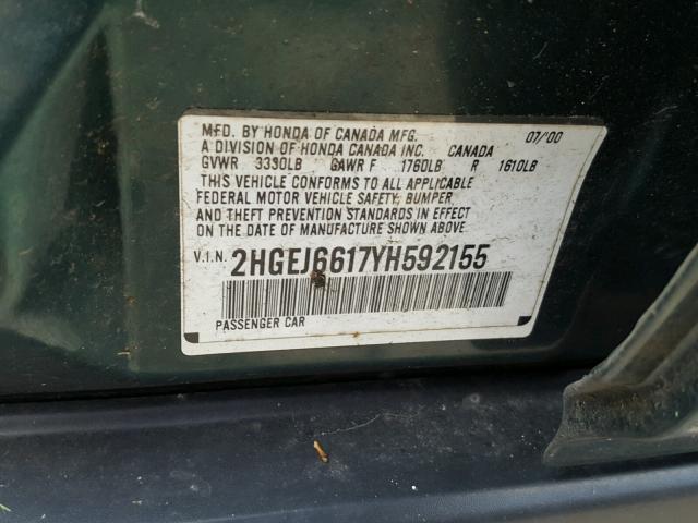 2HGEJ6617YH592155 - 2000 HONDA CIVIC BASE მწვანე ფოტო 10