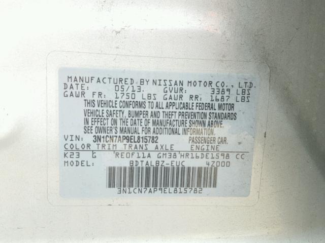 3N1CN7AP9EL815782 - 2014 NISSAN VERSA S SILVER photo 10