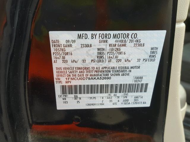 1FMCU0D79AKA52690 - 2010 FORD ESCAPE XLT BLACK photo 10