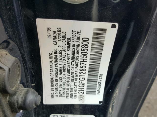 2HGFG12857H505800 - 2007 HONDA CIVIC EX 蓝色 照片 10