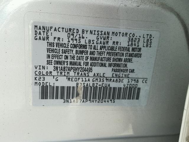 3N1AB7AP9HY204495 - 2017 NISSAN SENTRA S SILVER photo 10