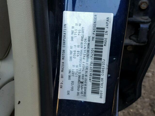 JM1BK32F781174501 - 2008 MAZDA 3 I BLUE photo 10