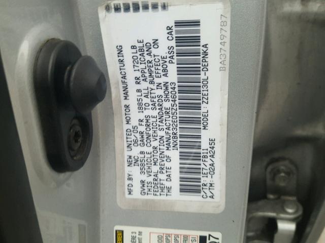 1NXBR32E05Z546043 - 2005 TOYOTA COROLLA CE SILVER photo 10