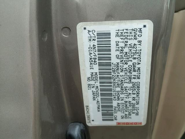 JT2BF22K8X0167243 - 1999 TOYOTA CAMRY LE TAN photo 10