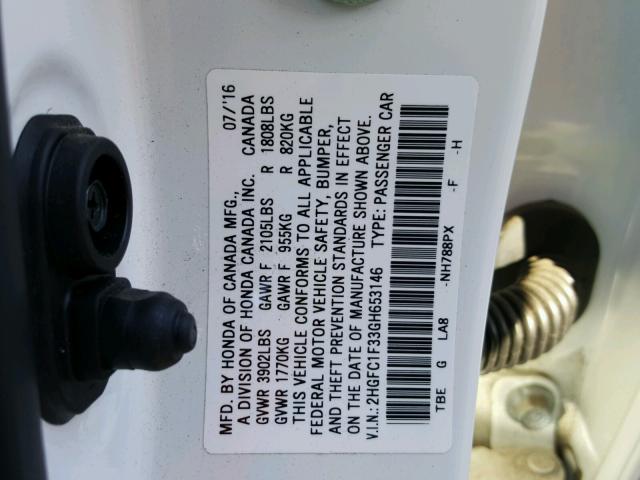 2HGFC1F33GH653146 - 2016 HONDA CIVIC EX Ağ foto 10