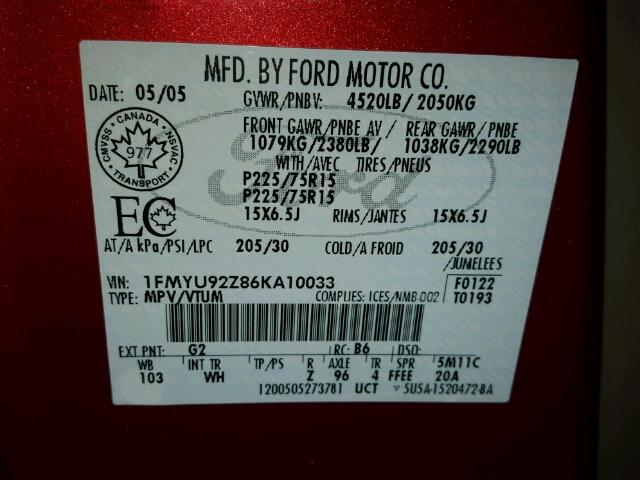 1FMYU92Z86KA10033 - 2006 FORD ESCAPE XLS RED photo 10