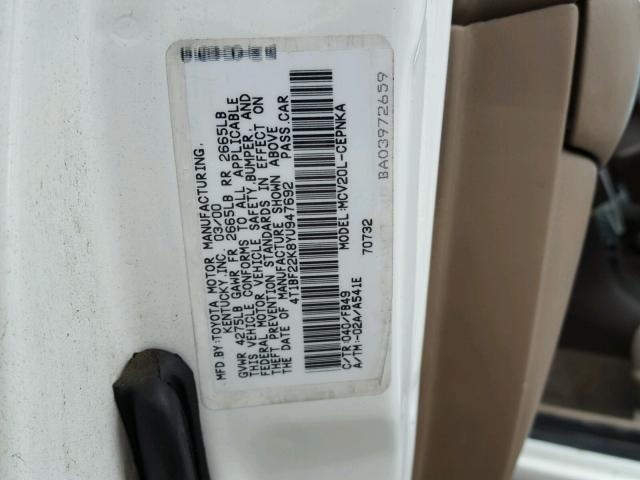 4T1BF22K8YU947692 - 2000 TOYOTA CAMRY LE WHITE photo 10