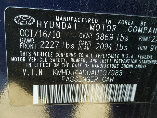 KMHDU4AD0AU197983 - 2010 HYUNDAI ELANTRA BL BLUE photo 10