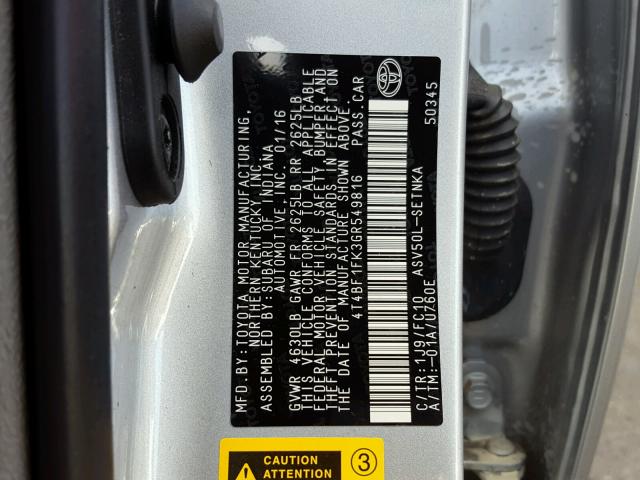 4T4BF1FK3GR549816 - 2016 TOYOTA CAMRY LE ვერცხლისფერი ფოტო 10