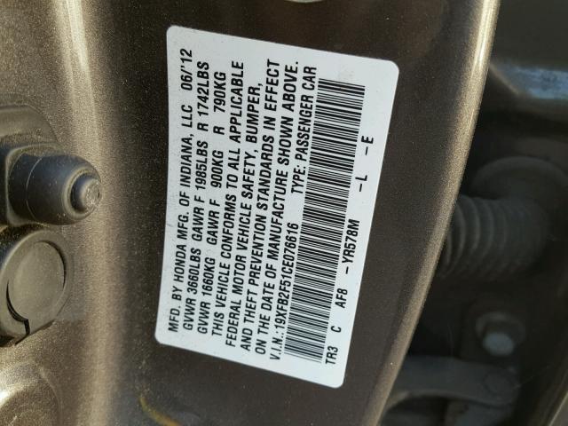 19XFB2F51CE076616 - 2012 HONDA CIVIC LX GRAY photo 10