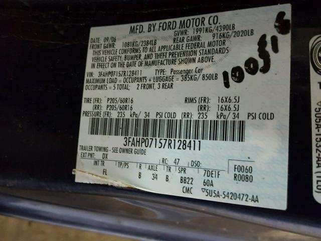 3FAHP07157R128411 - 2007 FORD FUSION SE BLUE photo 10