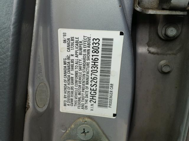 2HGES26703H618033 - 2003 HONDA CIVIC EX SILVER photo 10