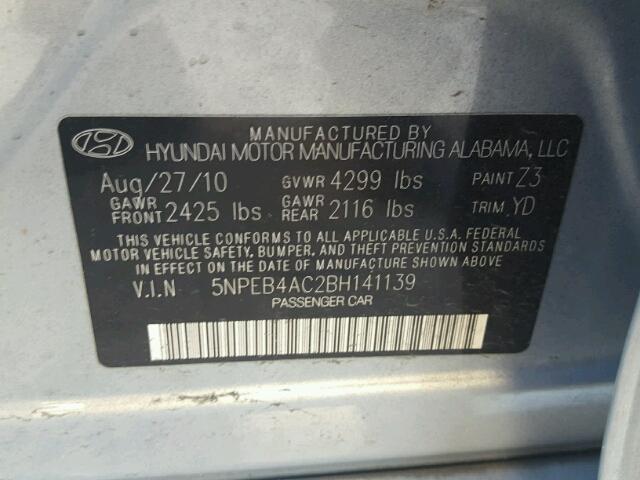 5NPEB4AC2BH141139 - 2011 HYUNDAI SONATA GLS BLUE photo 10